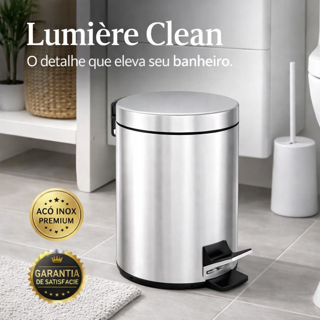 Lixeira Inox 3L com Pedal Redonda para Banheiro – Aço Inoxidável Premium Lumière Clean