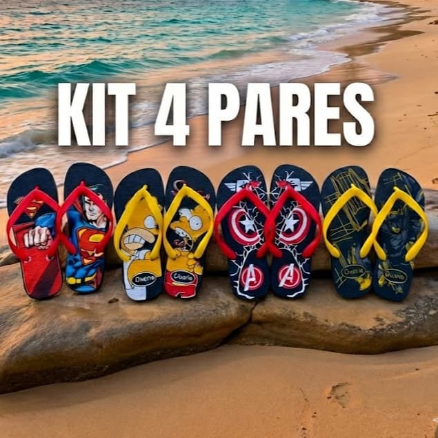 Kit 4 Pares Sortidos De Chinelos Juvenil Masculino Personagens  Heróis e Simpsons Viagem e Casa