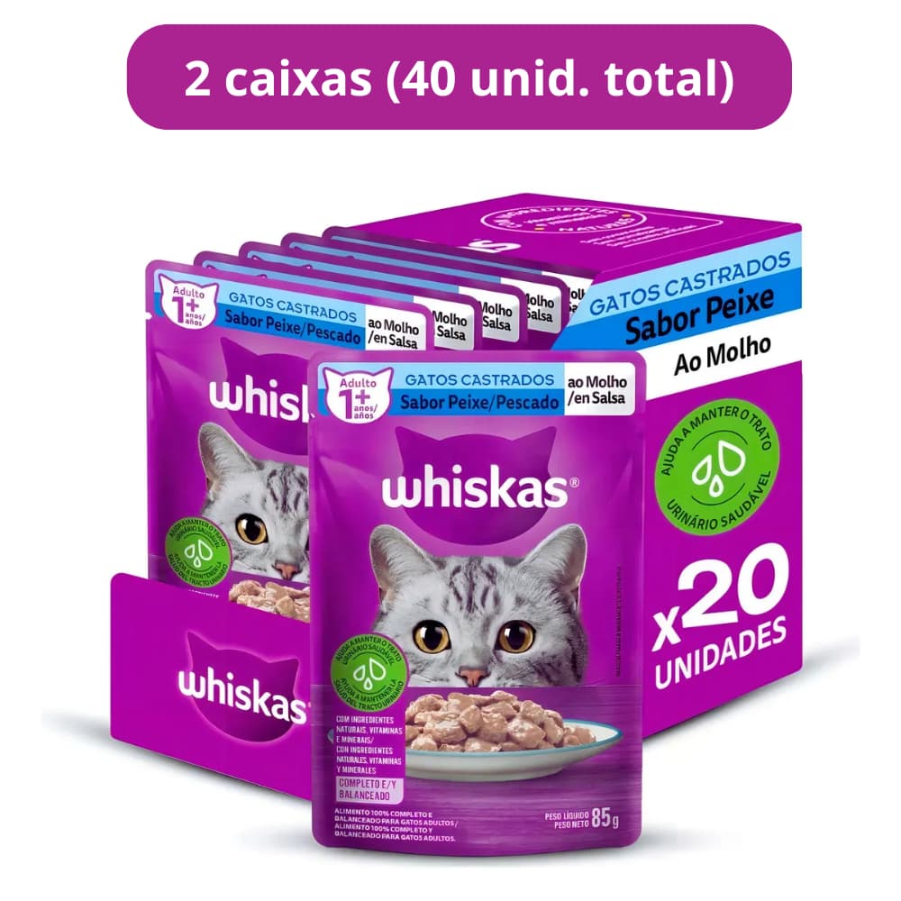 Kit Ração Úmida Peixe ao Molho para Gatos Adultos Castrados 40 Unidades Whiskas Sachê
