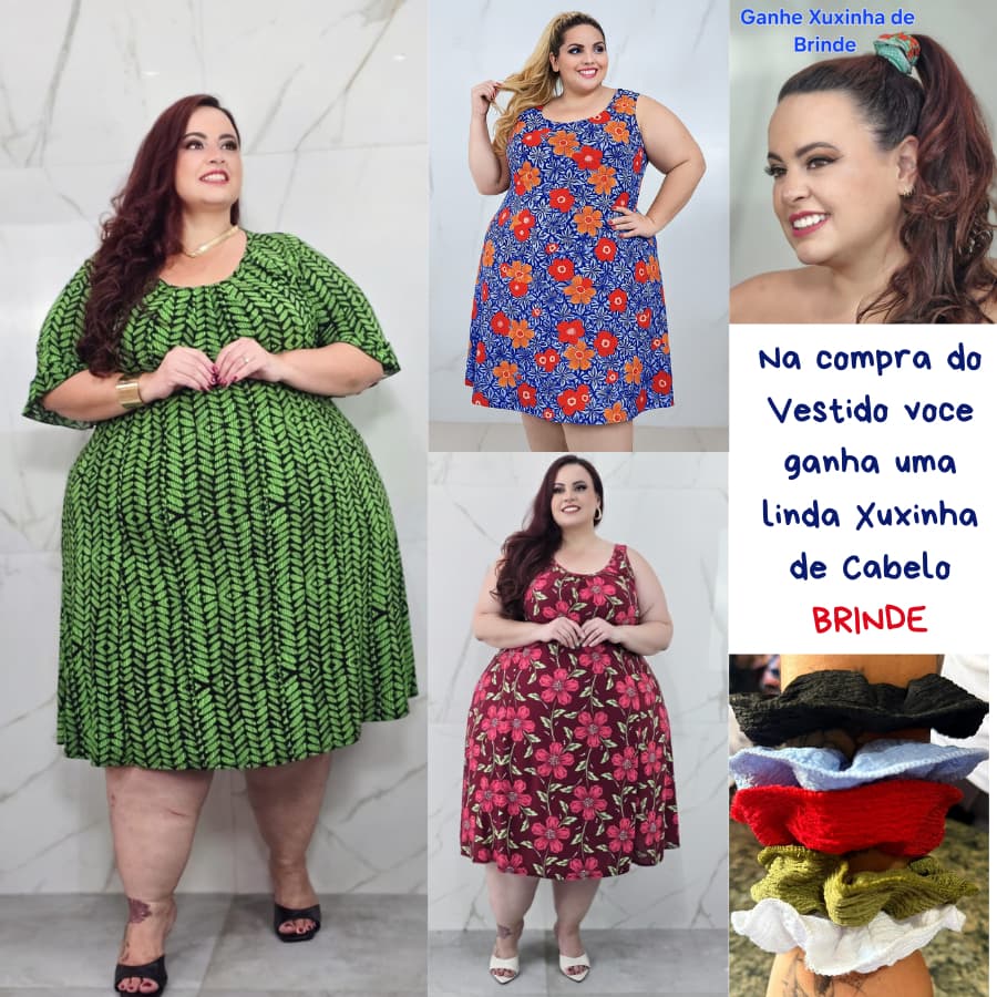 Vestido Liganete Feminino Plus Size Manguinha c/ Detalhe Gola Plissada e Regata Pala