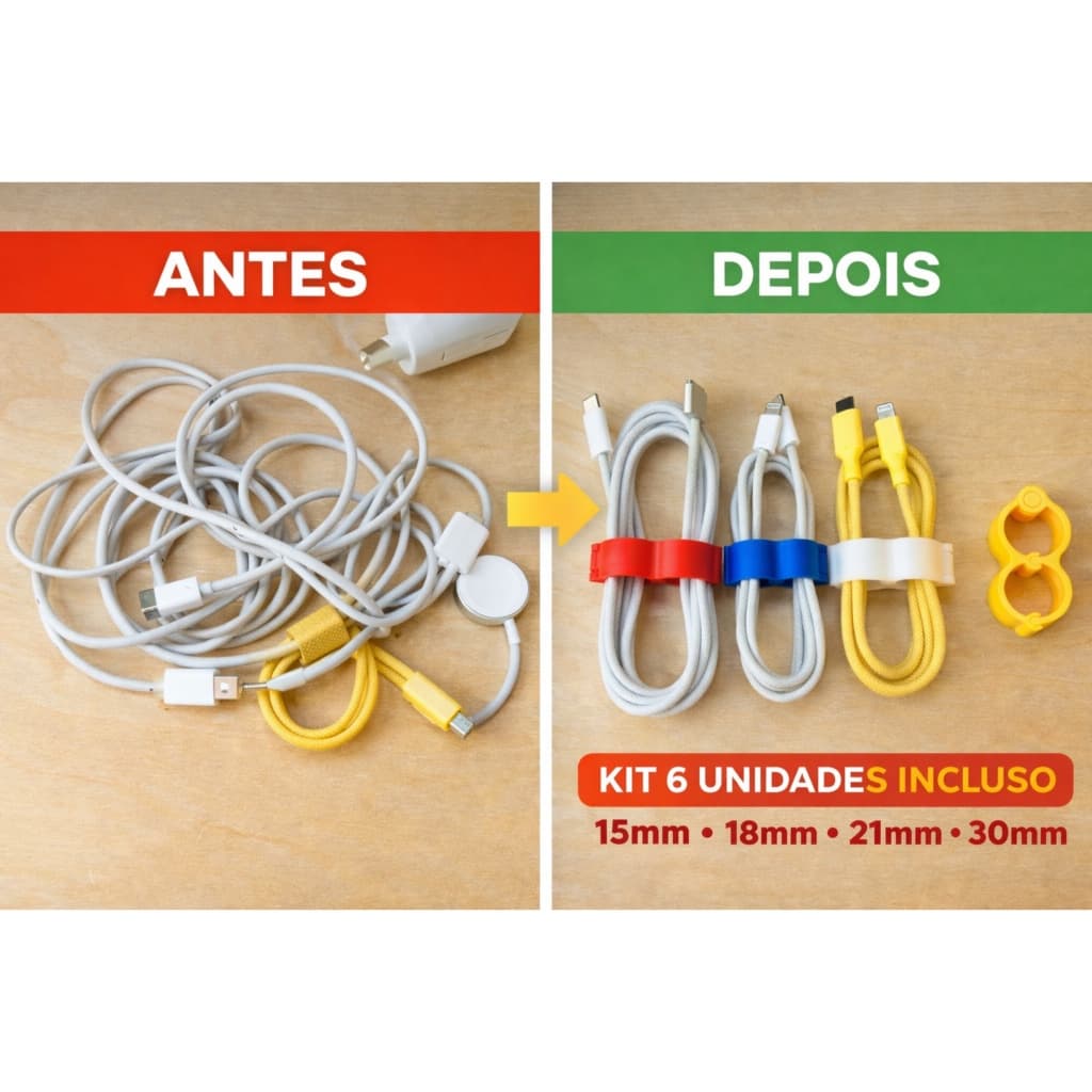 Kit 6 Organizador de Cabos Ajustável Presilha 15 18 21 30mm Cores Sortidas