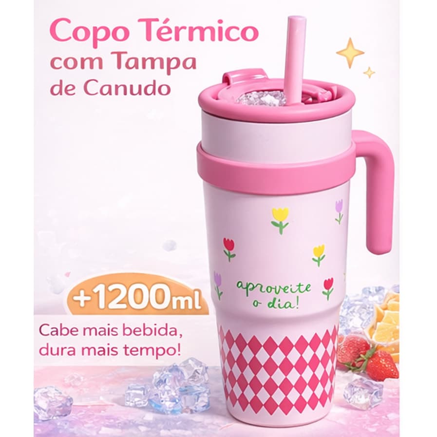 Copo garrafa Térmica Inox 1200ml Parede Dupla tampa Canudo Premium