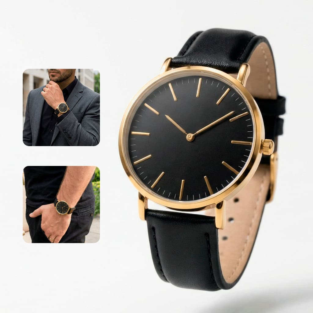 Relógio Masculino Couro Preto Dourado Resistente À Água Ultra Fino Luxo Casual Social Minimalista