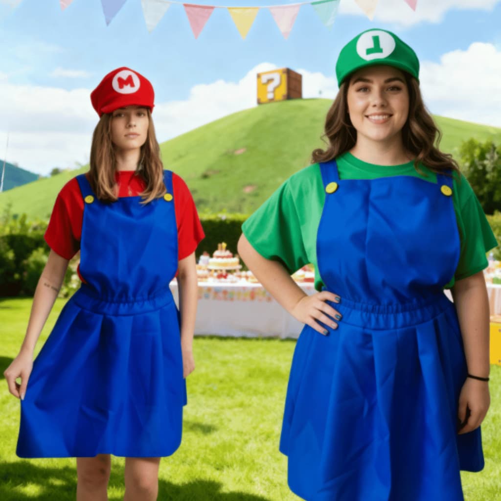 Fantasia Jardineira Mario Bros ou  Luigi Feminina Vermelha Verde Adulto + Quepe Premium Entrega FULL