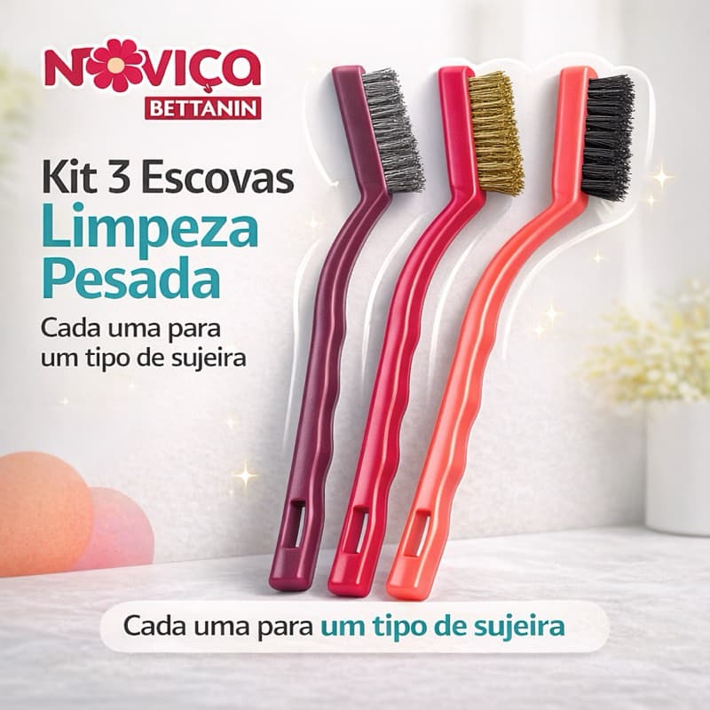 Kit 3 Escovas Limpeza Pesada Noviça Bettanin Aço Metálica Nylon Remove Ferrugem Gordura Grelha