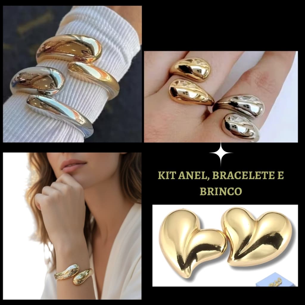 Conjunto Bracelete, Brinco e Anel Ajustável Gota Dupla/Dourado ou Prateado/Verniz Italiano