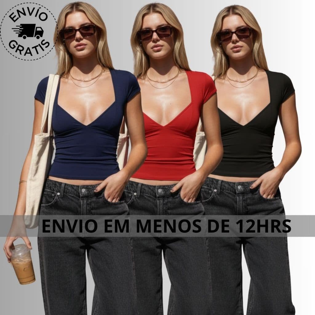 Blusa Feminina Básica Decote Estilosa Manga Curta verão preta gringa Festa Elegante Blusa LIA blusin