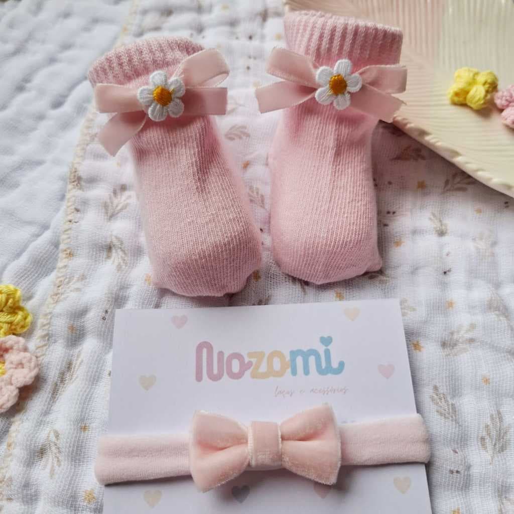 Kit Meia Infantil Menina com Laço em veludo / kit com par presilha ou faixa de bebê