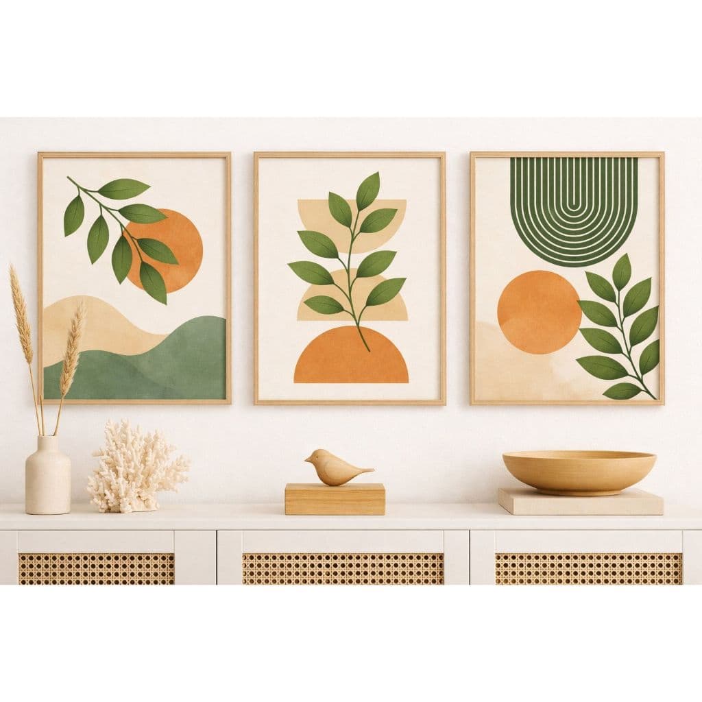 Quadro Decorativo 3 Peças Boho Moderno Abstrato Verde Nude Bege Folhas Decoração Casa