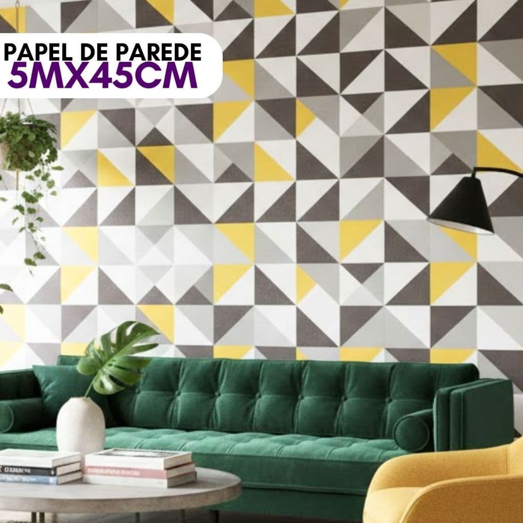 Papel de Parede Adesivo Geométrico Triângulos Amarelos Quarto Lavabo Cozinha Banheiro Rolo 5M Á Prova D'água