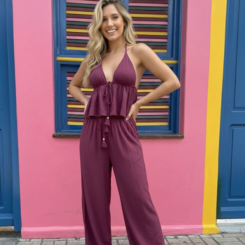 Conjunto Feminino  Bali Viscolinho Blusinha Calça Pantalona Casual Elegante Verão Ajustável Vertátil