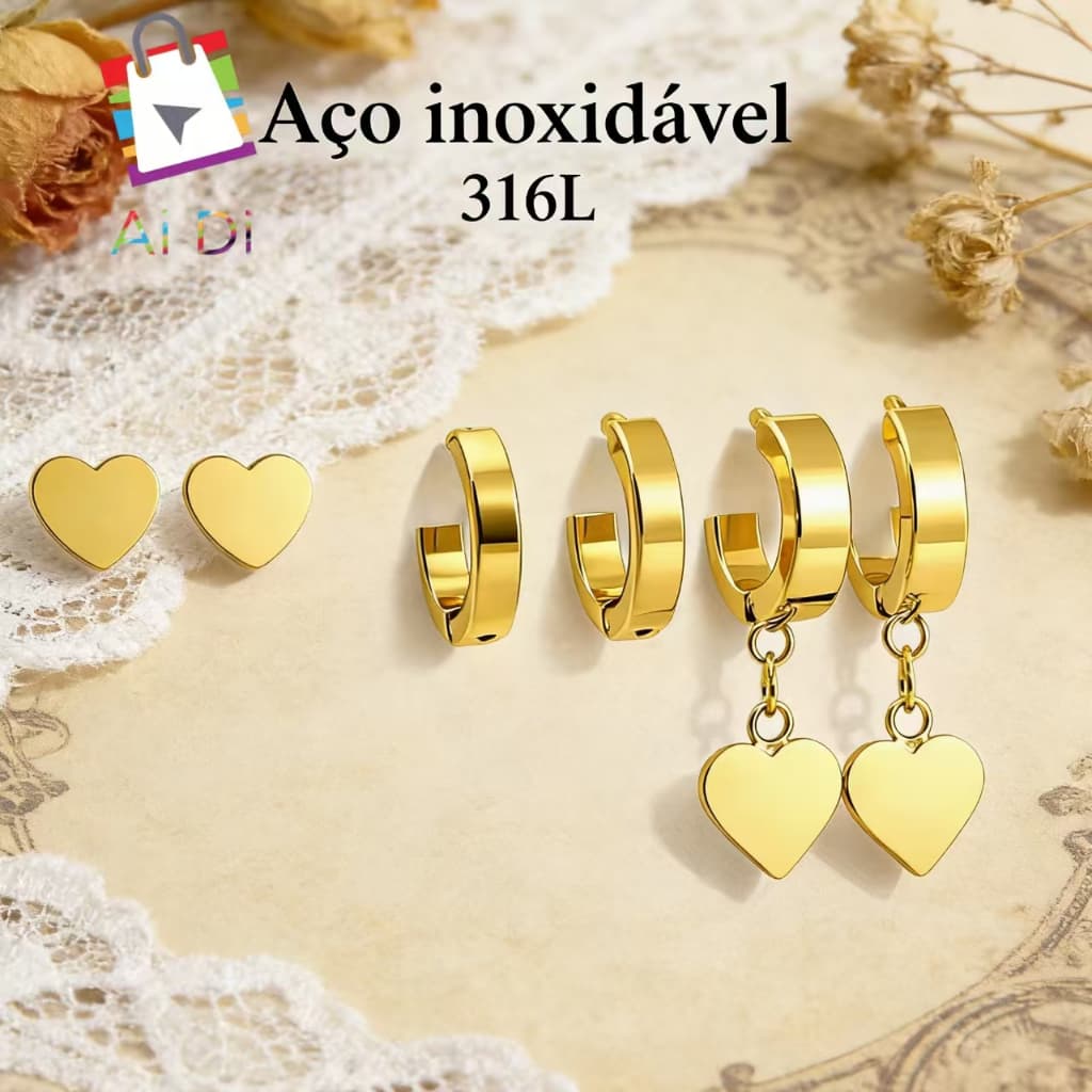 Brincos Aço Cirúrgico 316L com Zircônia + Piercing Nariz Feminino