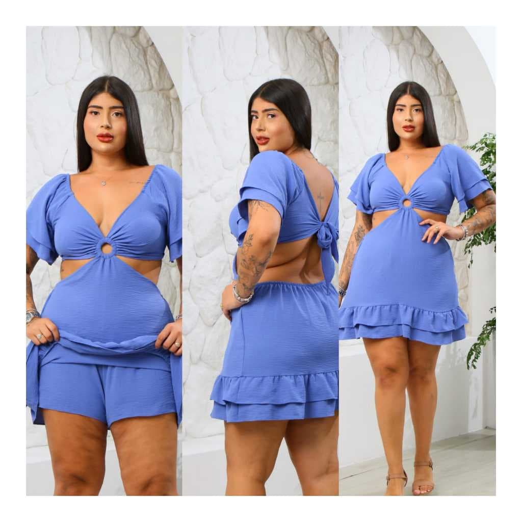 Macaquinho Vestido Feminino Plus Size Curto Tecido Duna com Short Embutido – Manga Babado | 44 ao 50