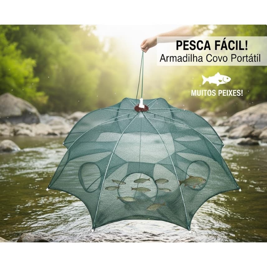 Rede Armadilha Covo Retrátil Pesca Lambari Camarão Siri - 8 Bocas - Estilo Guarda-Chuva 90cm
