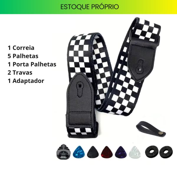 Correia de Violão ou Guitarra ou Baixo Alça com 5 Palhetas + 1 Porta Palheta + 2 Travas 1 Adptador