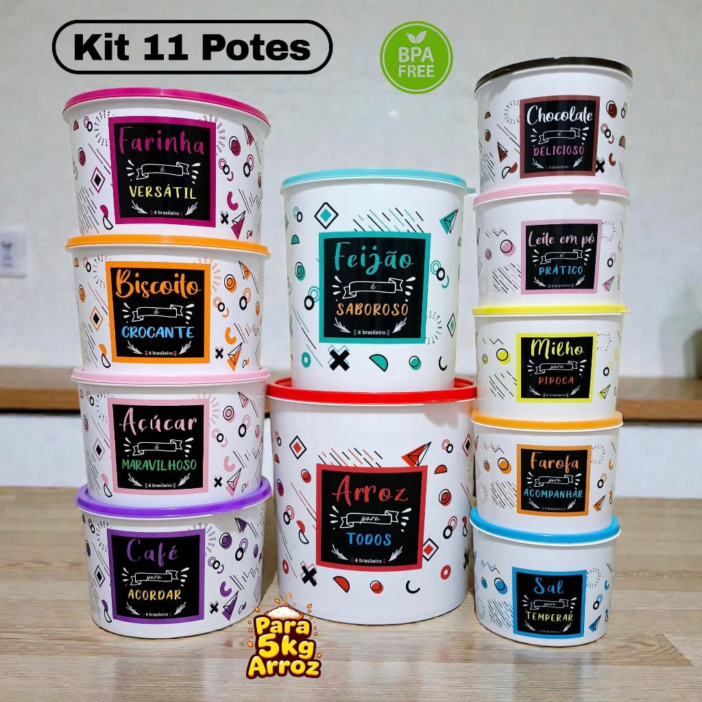 Kit 11 Potes Plásticos Coloridos Conjunto Porta Mantimentos Cozinha Organizadores