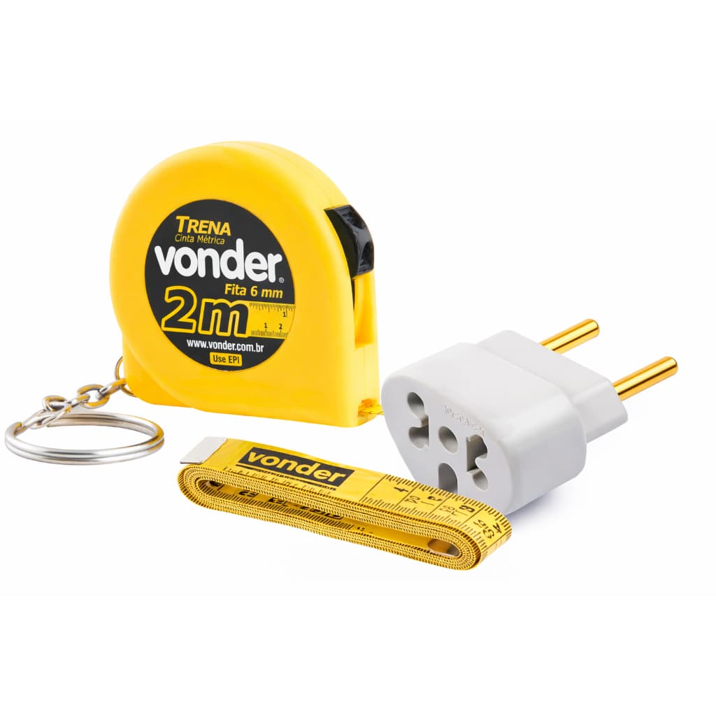 Super Kit Portátil Trena Chaveiro 2m + Fita Métrica Vonder + Adaptador Tomada 20A