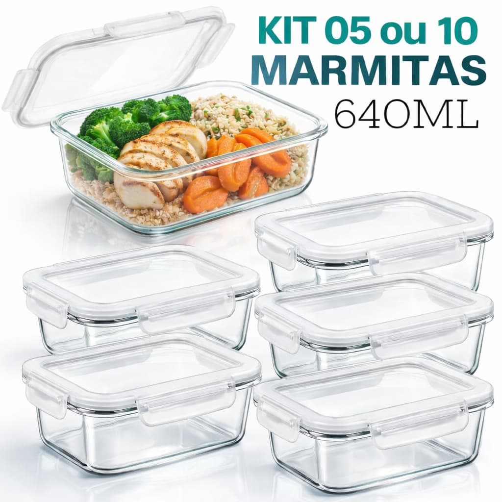 Kit 5 ou 10 Potes Vidro Hermetico 640ml Marmita Armazenamento Mantimento Organizador Tampa 4 Travas