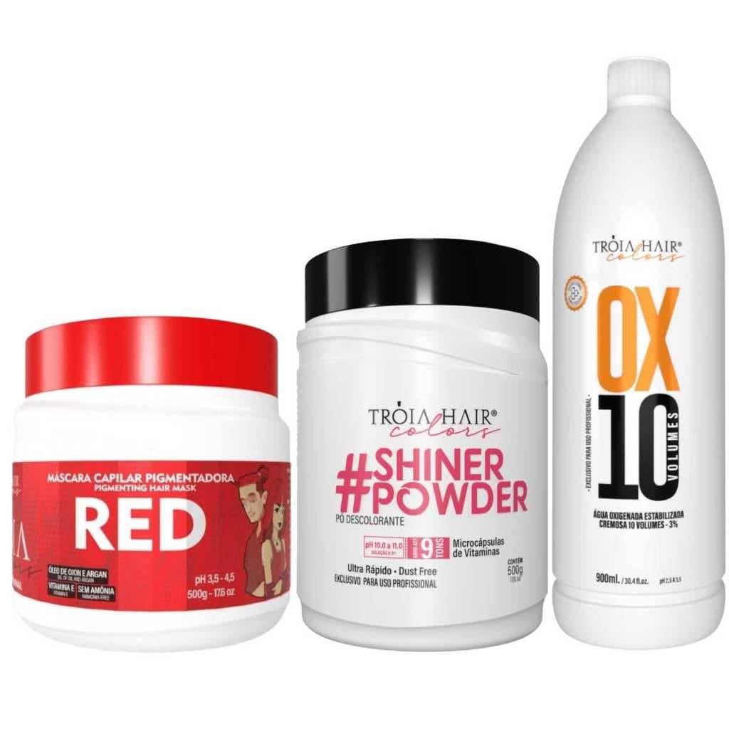 Pó Descolorante Premium 500g + OX 10 900ml + Troia Colors Red 500g - Troia Hair