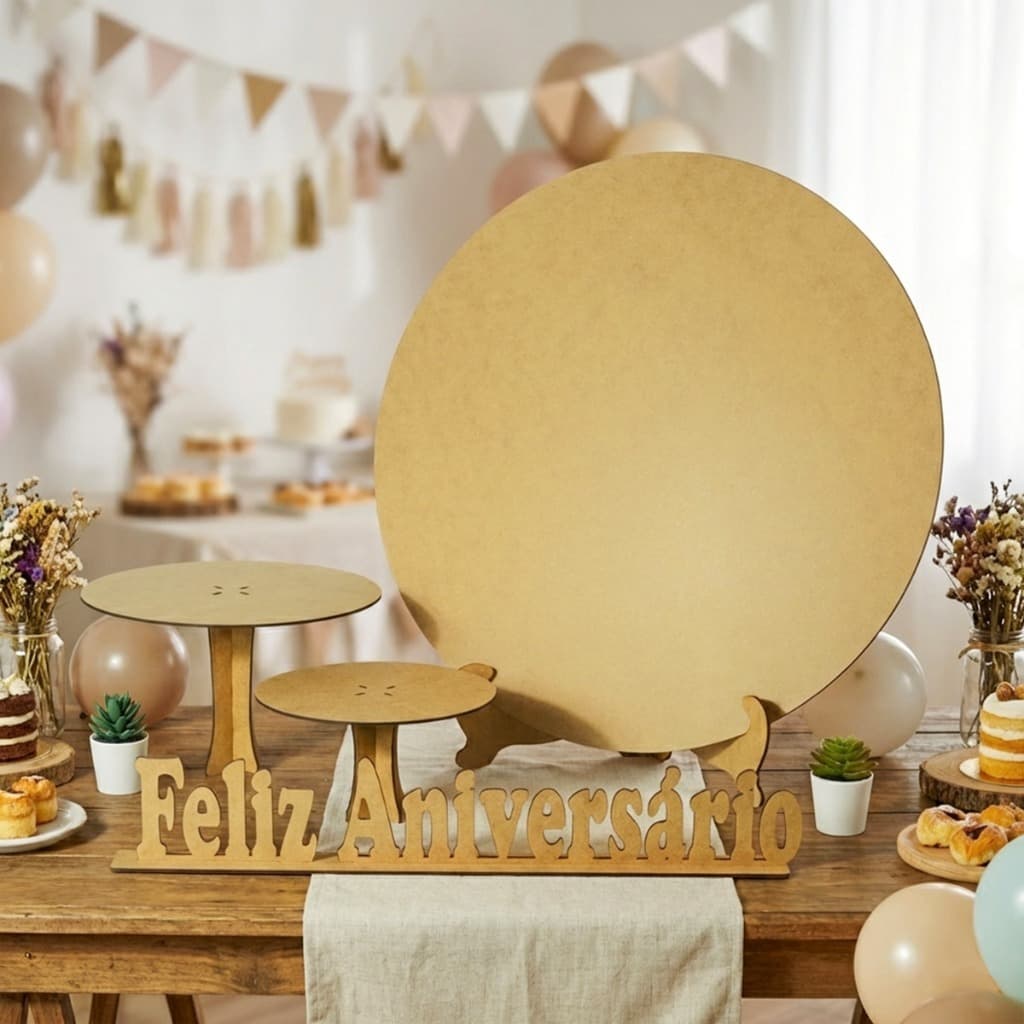 Kit Festa Painel 50x50 Redondo Boleira Mdf Escrita Feliz Aniversário na Base Decoração de Festa