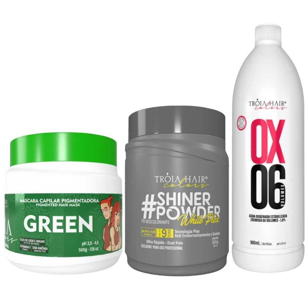 Pó Descolorante Premium 500g + OX 06 900ml + Troia Colors Green 500g - Troia Hair