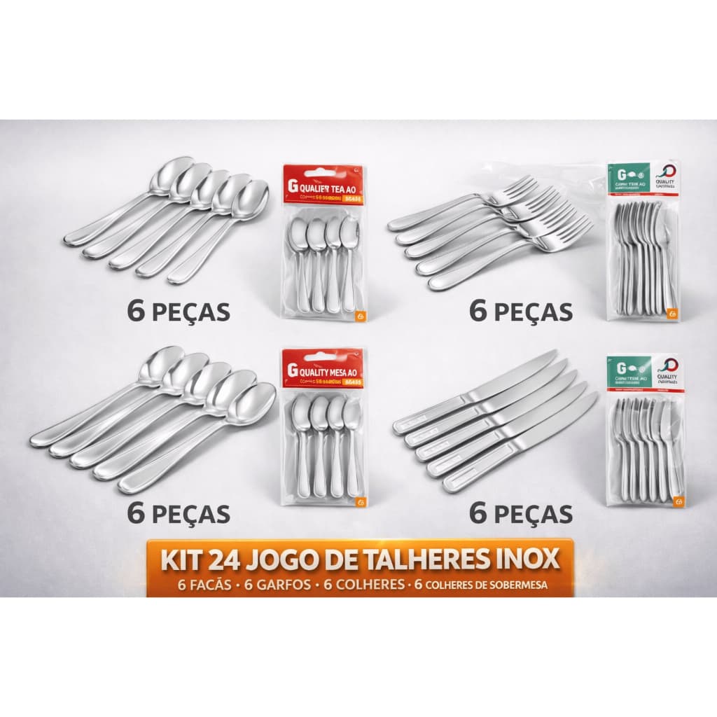 Kit 24 Jogo de Talheres Aço Inox – 6 Facas 6 Garfos 6 Colheres 6 Sobremesa