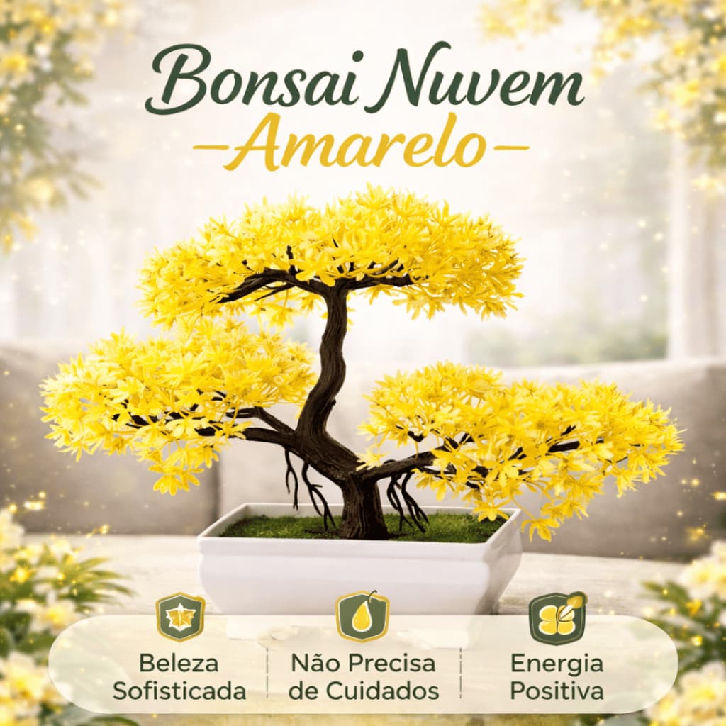 Planta Bonsai Nuvem Artificial – Folhas Amarelas Vibrantes em Vaso Branco Retangular