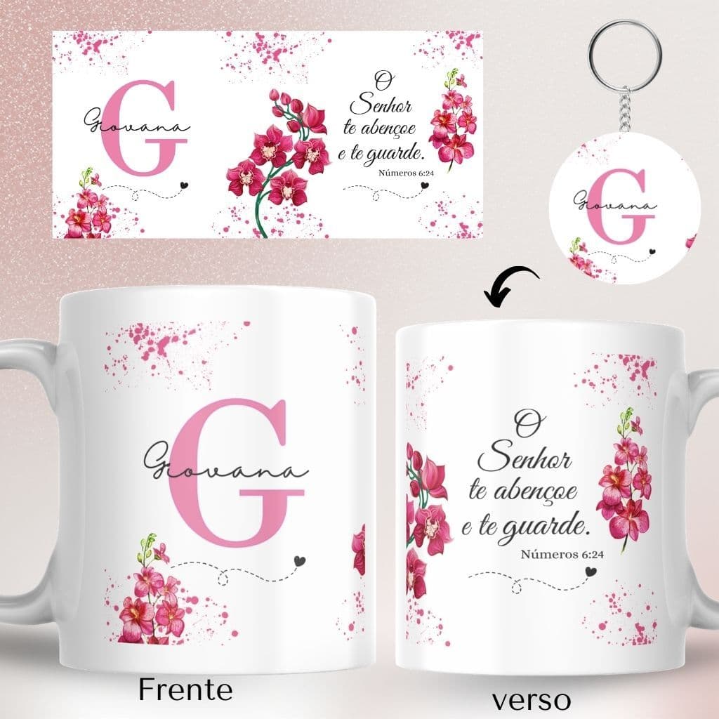 KIT Caneca Personalizada Nome Floral evangélica + chaveiro mdf + caixa coração/Presente cristão