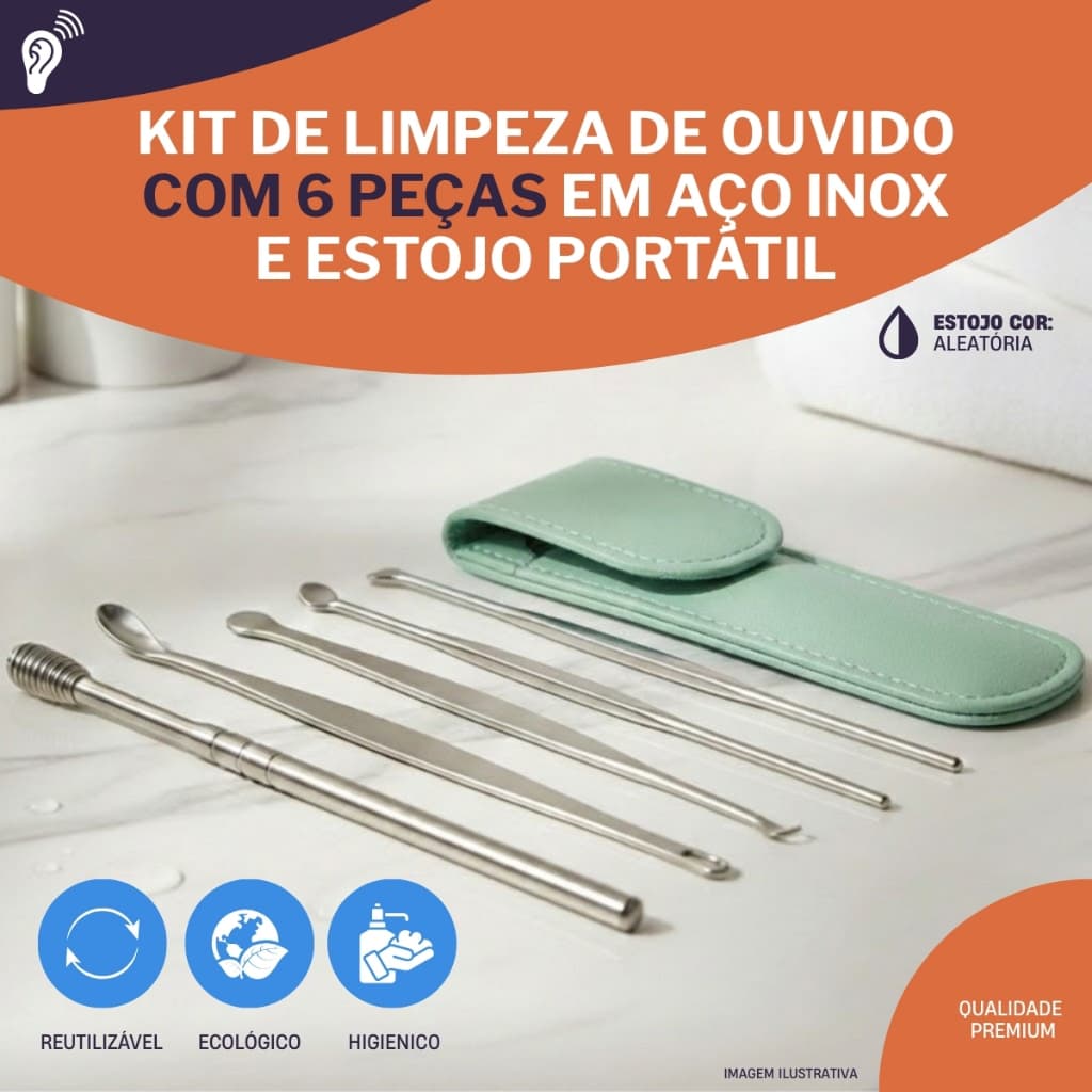Kit Limpeza Cera de Ouvido 6 peças Portátil Aço Inox com Estojo