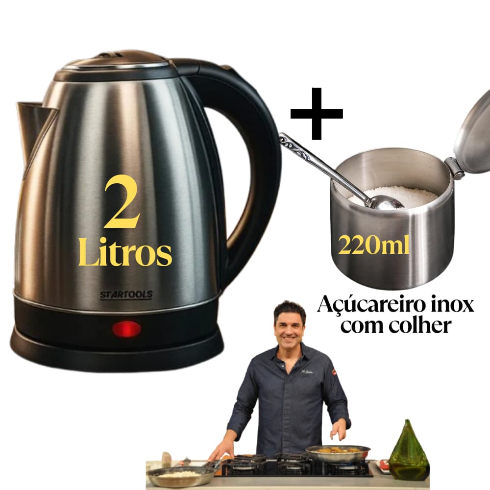 Chaleira Elétrica Vulcano Supreme Inox 2Litros + Açucareiro Inox com colher