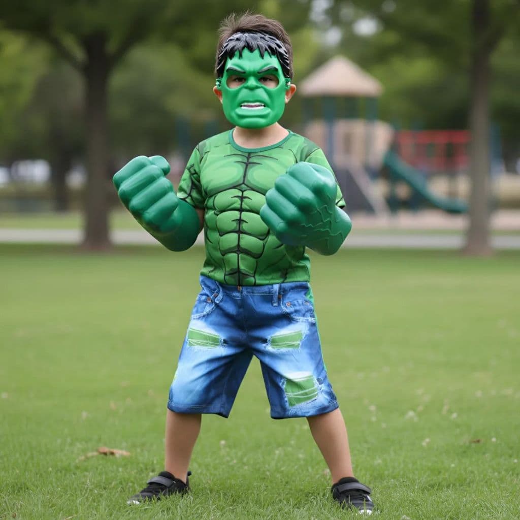 Fantasia Hulk + 2 Máscara Plástica e E.V.A. + Par de Luvas Soco Hulk