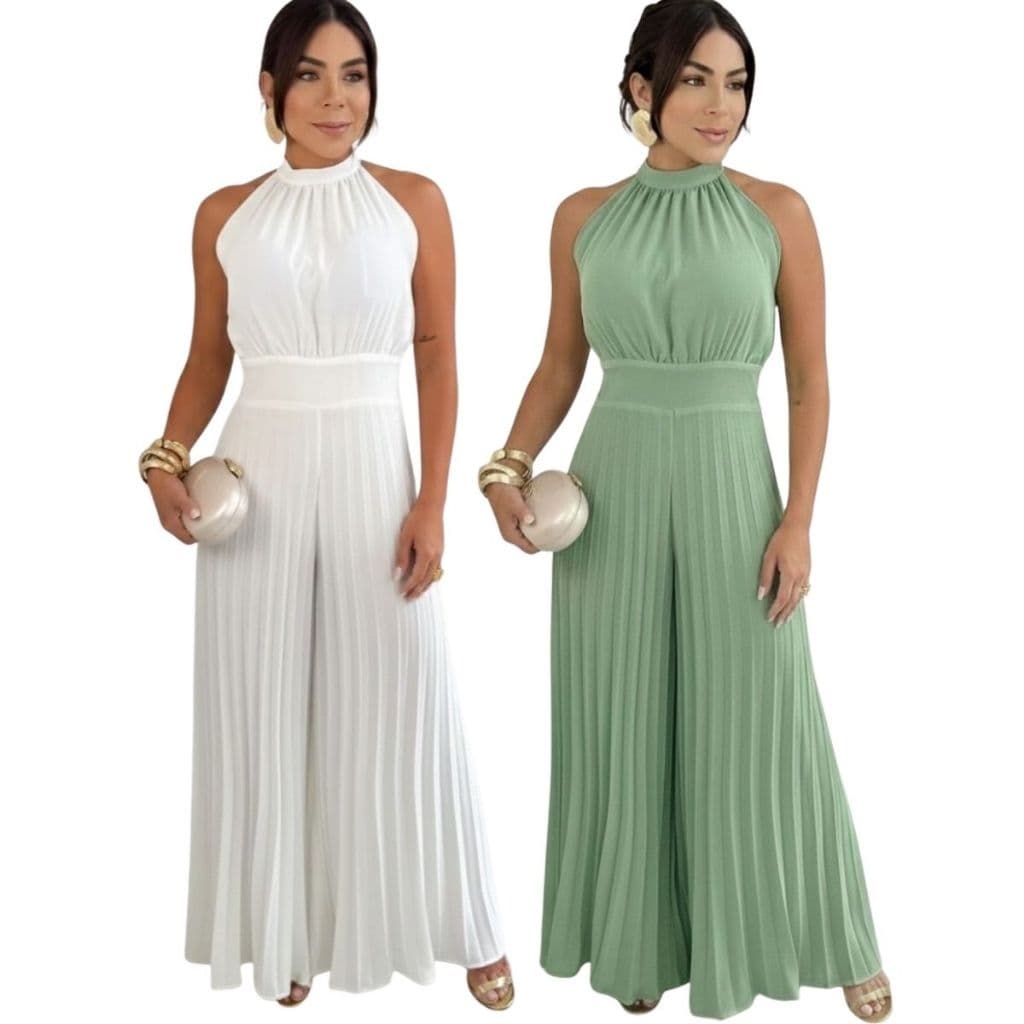 Kit 2 Macacões Longos Feminino Estiloso Duna Premium Plissado Gola Halter Moda Moderna Elegante