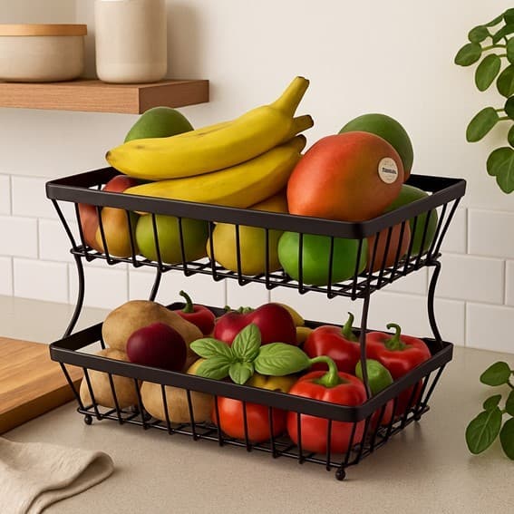 Fruteira Organizador Frutas Metalica Duplo Andares Design Moderno Preto