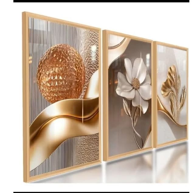 Kit 3 Quadros Decorativos Luxo Dourado Floral 3D Borda Infinita MDF 3mm - H.E.P Decore (40x60cm cada)