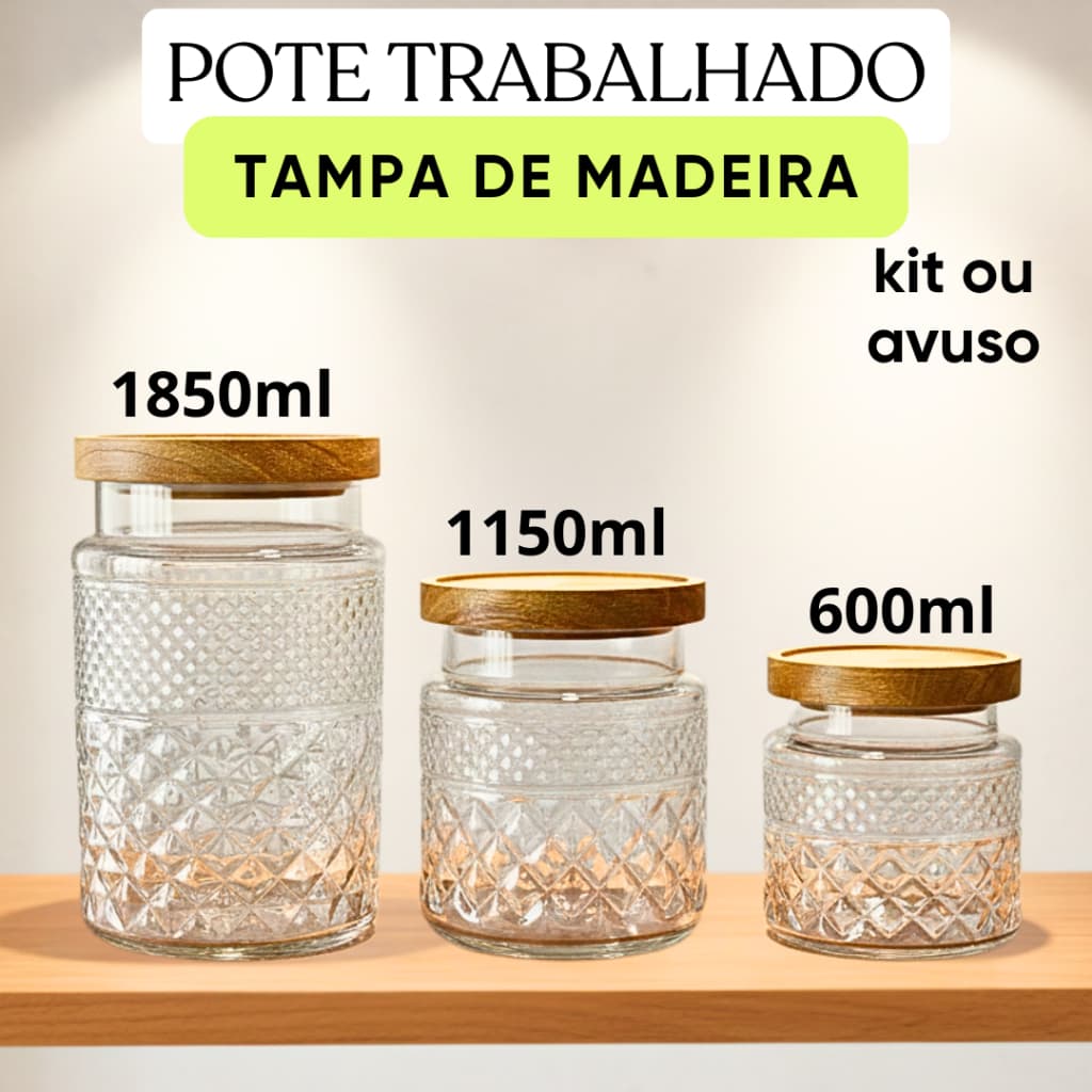 Pote De Vidro Com Tampa De Madeira e Vedação Em Silicone Hermética Kit ou Avulso