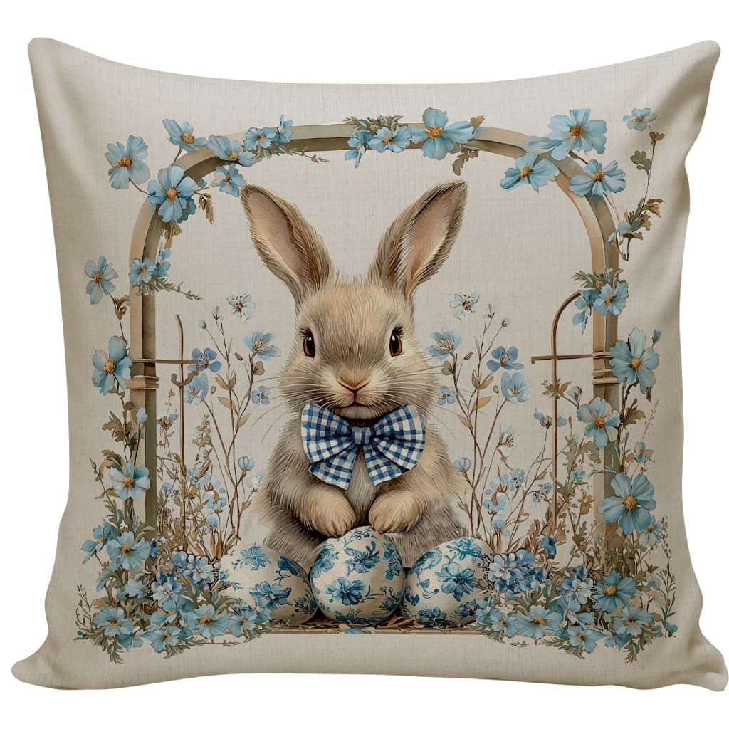 Capa para Almofada Decorativa Aveludada com Zíper Páscoa Coelho Flor Azul - Toque Macio e Decorativo