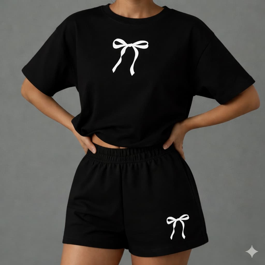 Kit 2 Peças Femininas Casual Short + T-shirt Conjunto Coquette laço De Verão