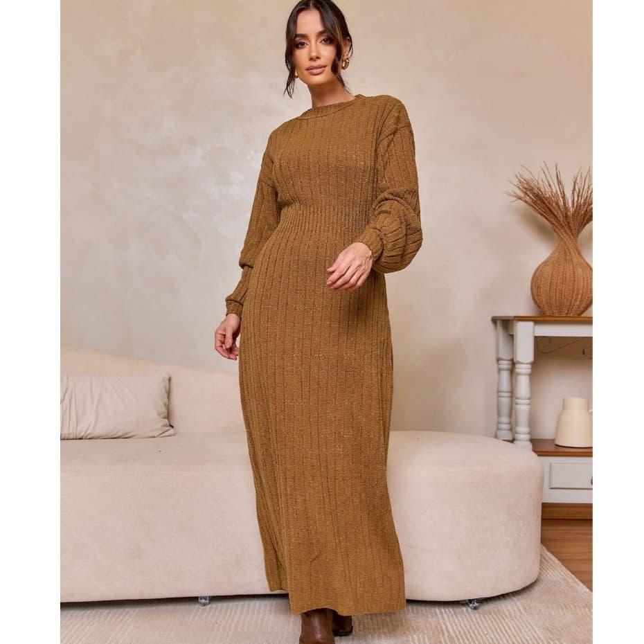 Vestido Tricô Feminino Fenda Mousse Inverno Canelado Longo Manga Bufante Casual Elegante