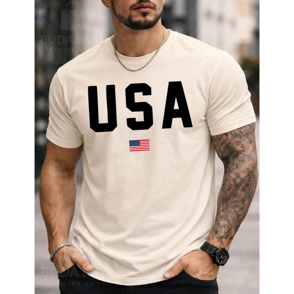 Camiseta Masculina USA Premium Bege Estampa Americana Algodão Confortável Top