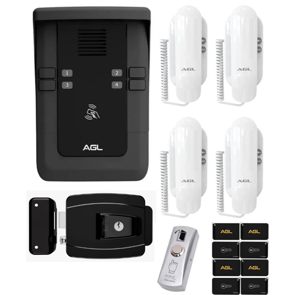 KIT PORTEIRO COLETIVO AGL S500 4 PONTOS BLUETOOTH + 4 MONOFONES + 8 TAG + FECHADURA + BOTOEIRA INOX