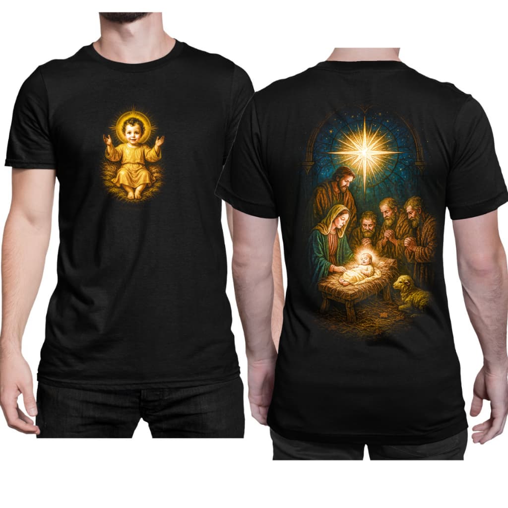 Camiseta Estampa Nascimento Menino Jesus Frente e Costa Estampa Halftone Referencia e Qualidade