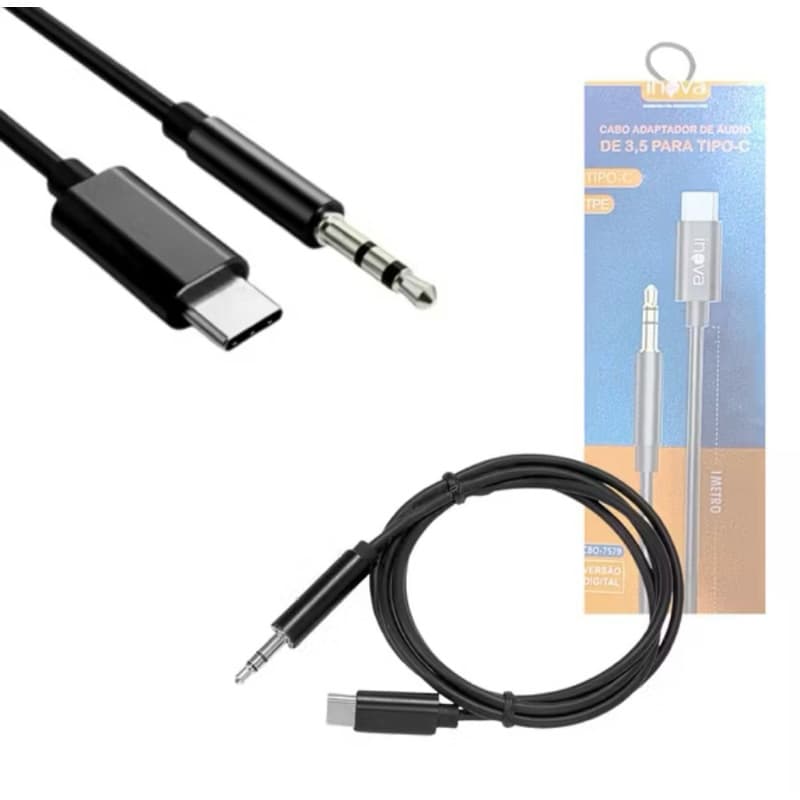 Cabo USB C para P2 3,5mm Áudio Auxiliar Tipo C 1 Metro Chip DAC Som Carro Android Premi
