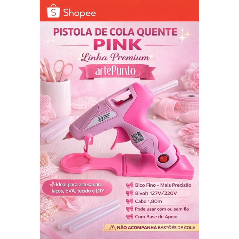 Pistola Cola Quente Bico Fino Rosa Com Base de Apoio Alta Potência Artesanato