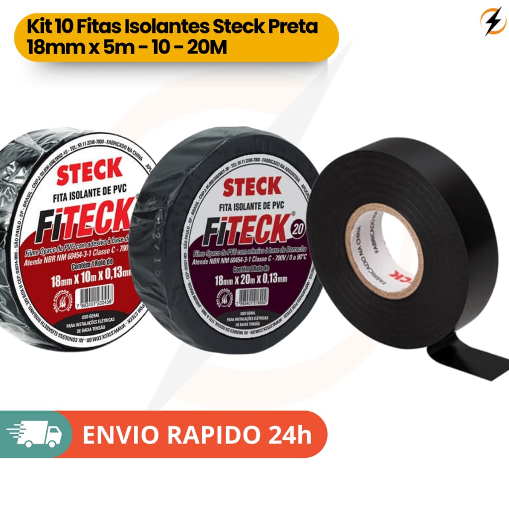 Kit 10 Fitas Isolantes 5/10/20 Metros Steck Preta Profissional | PVC Antichama