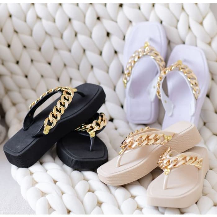 Flat Feminina Sola Plataforma Corrente Luxo Chinelo Blogueira Leve Confortavel  - 33 ao 40