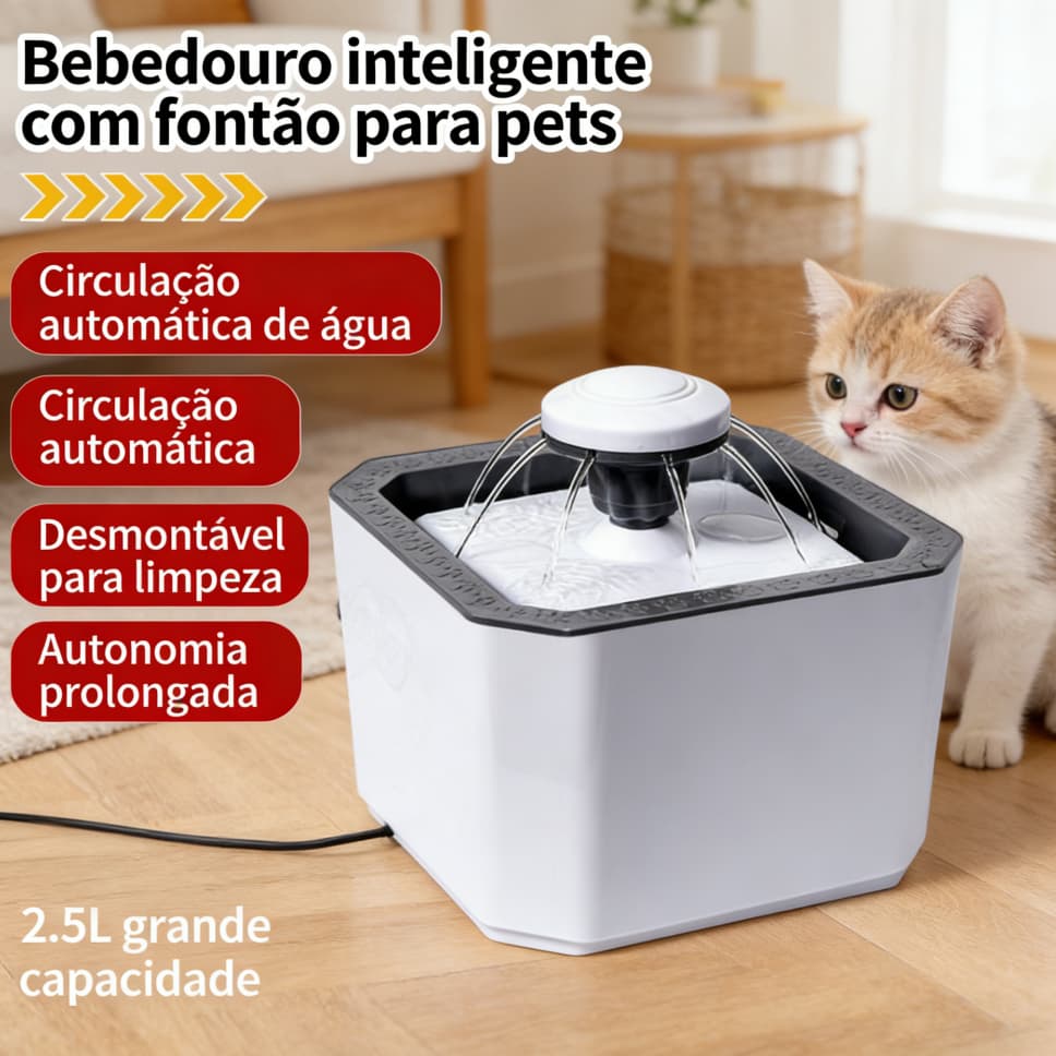 Fonte de Água para Pets com Filtro - Bebedouro 2.5L para Cães e Gatos, Água Fresca Sempre