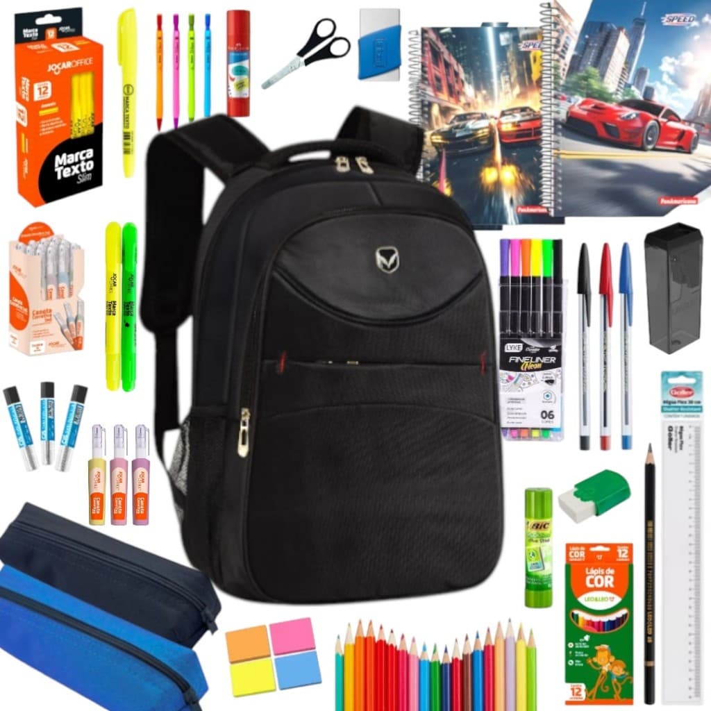 Kit Material Escolar Masculino Caderno Estojo Caneta Corretivo Lapiseira Com Ou Sem Mochila