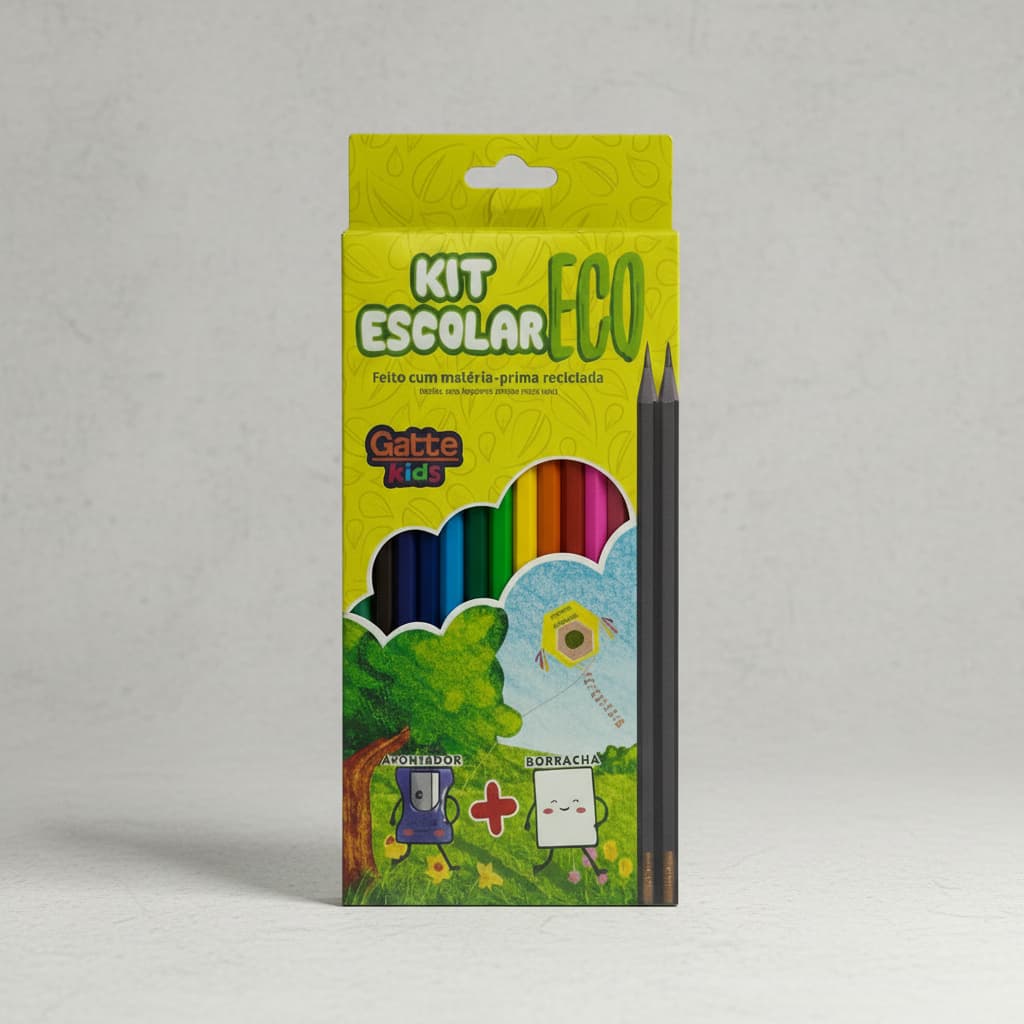 Kit Lápis de Cor Ecológico 12 Cores Resina + 02 Lápis Grafite 01 Borracha e 01 Apontador