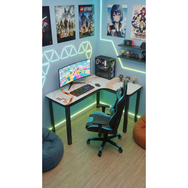 Mesa Em L Moderna 120x90cm Para Setup Geek Estação De Trabalho Branca Com Circuitos Gamer Bordas Arredondadas Industrial