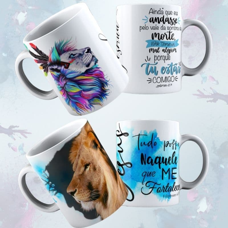 Caneca Cerâmica 325ml Cristã Leão Gospel Evangélica e Católica com Frases Yeshua e Nossa Senhora